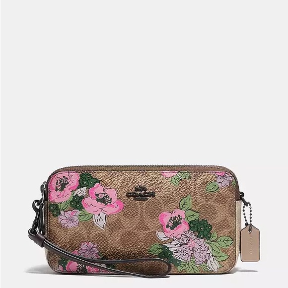 Coach Brown Wristlet with Pink Floral Design - Picture 1 of 8